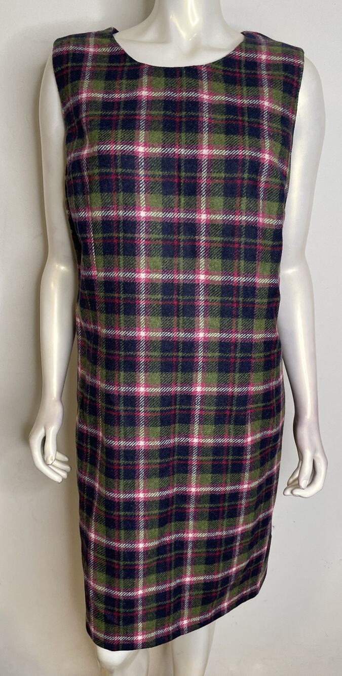 Boden British Tweed Moon Plaid Wool Sheath Dress US16R Green Pink NEW Sleeveless